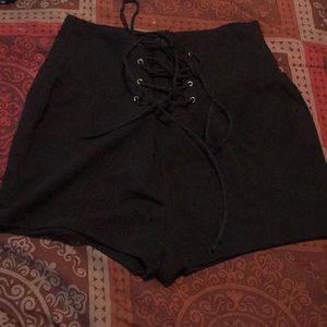 Lace up wide waistband zip back tailored shorts